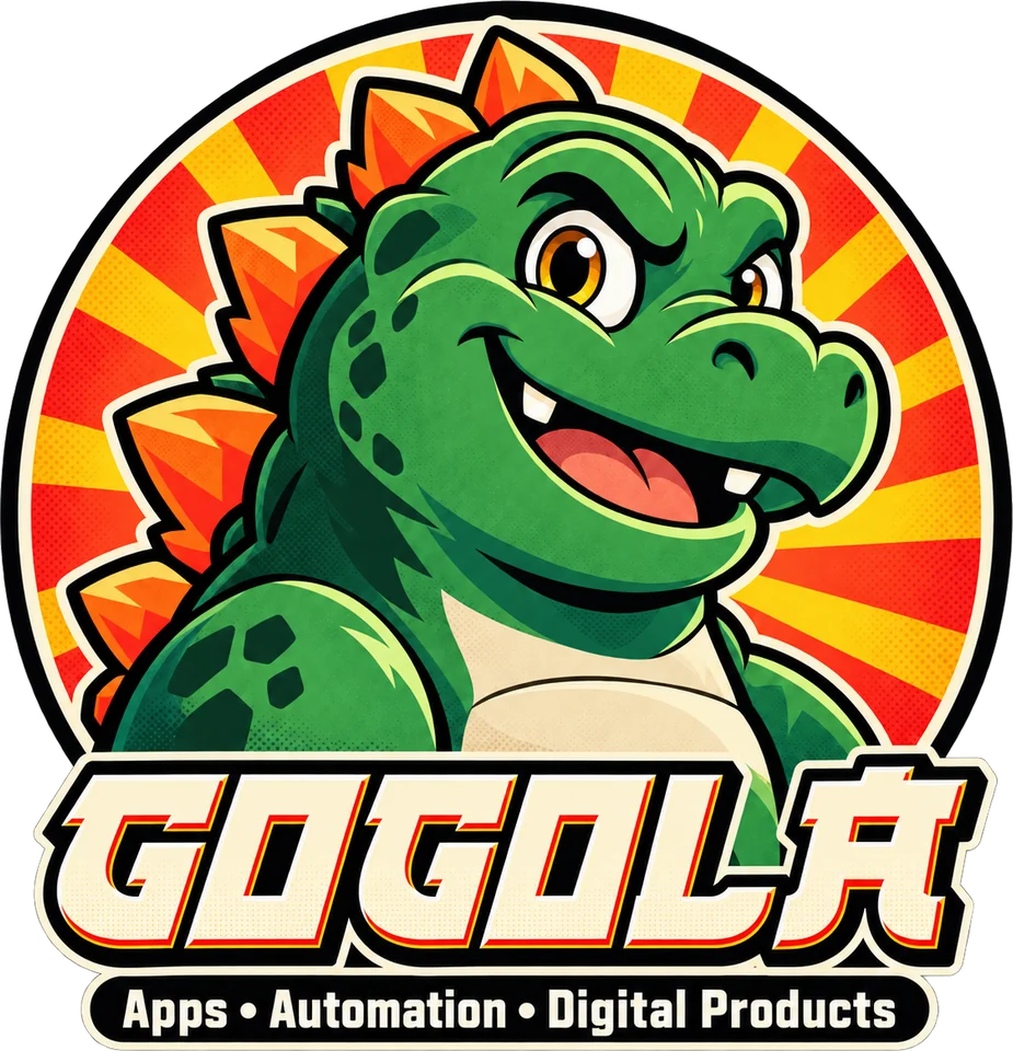 Gogola logo: a friendly green kaiju above the Gogola wordmark